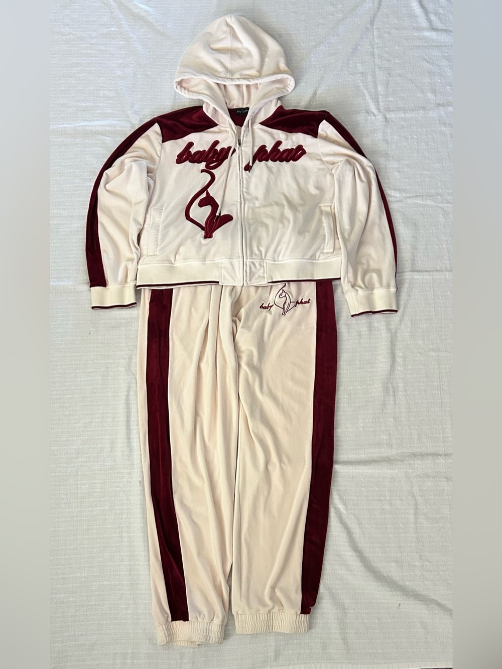 Baby Phat Heritage Velour Tracksuit Set Cream Burgundy Maroon Hoodie Pants 1X - Picture 2 of 14
